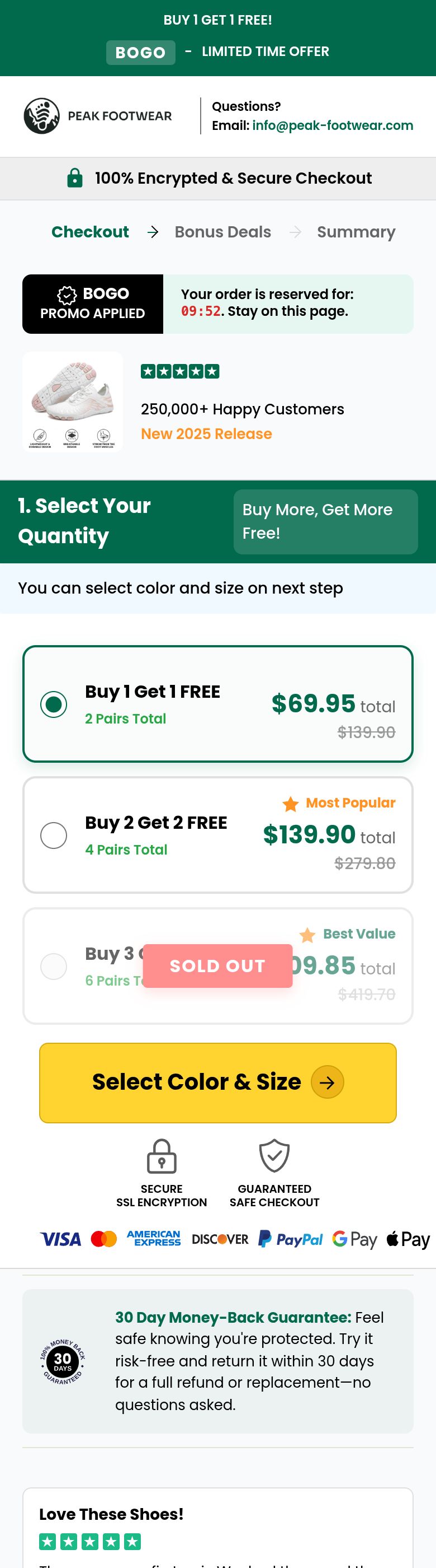 Peak Footwear  checkout, live client page
