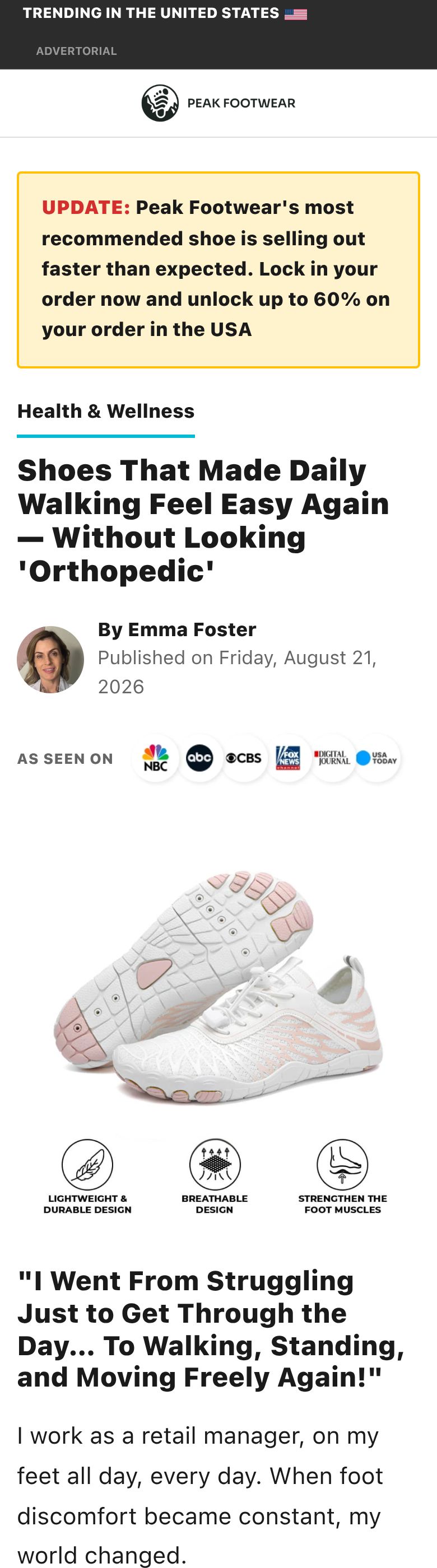Peak Footwear  advertorial, live client page